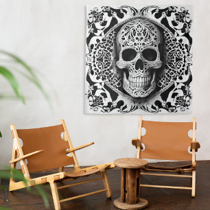 Black & White Smiling Lace Skull Tapestry