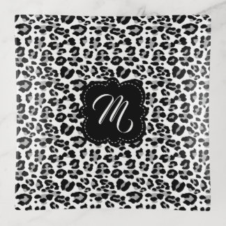 Black White Snow Leopard Print Custom Monogram Trinket Tray