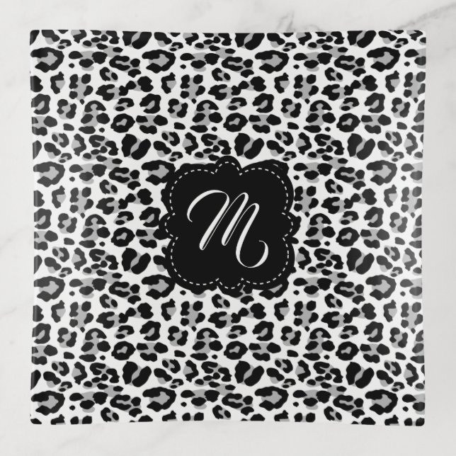 Black White Snow Leopard Print Custom Monogram Trinket Tray (Front)