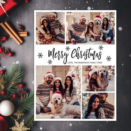 Black White Snowflake 5 Photo Collage Christmas Holiday Card