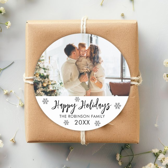 Black White Snowflake Family Photo Happy Holidays Classic Round Sticker (Creator Uploaded)