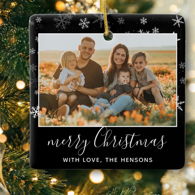 Black White Snowflake Merry Christmas Photo Ceramic Ornament (Creator Uploaded)