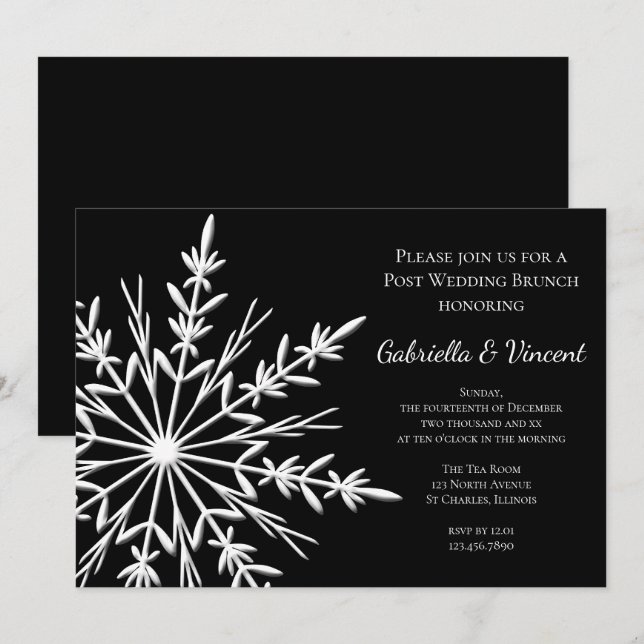 Black White Snowflake Winter Post Wedding Brunch Invitation (Front/Back)