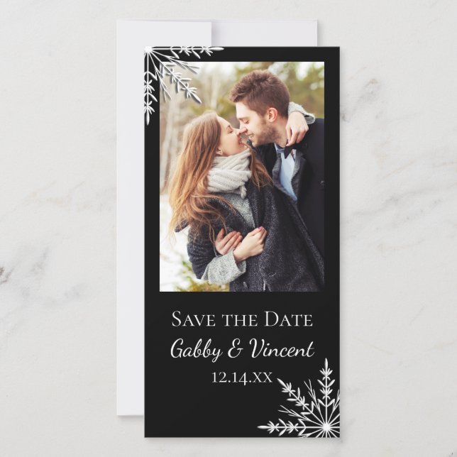 Black White Snowflake Winter Wedding Save the Date (Front)
