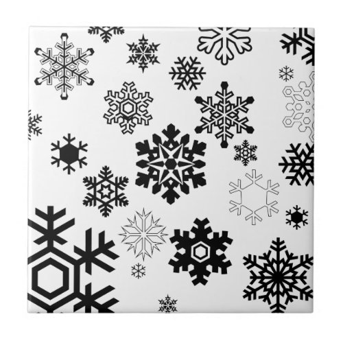 Black  White Snowflakes Ceramic Tile