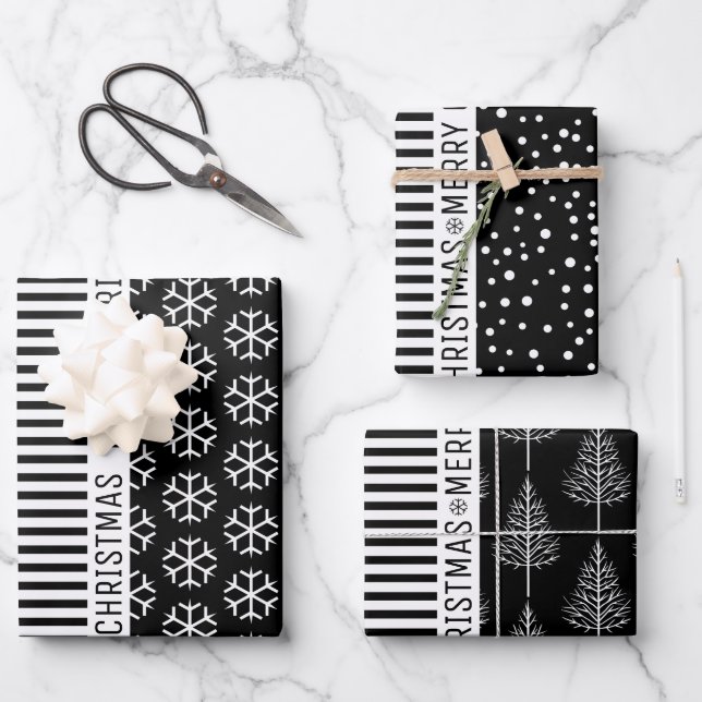 Black white snowflakes Christmas trees and stripes Wrapping Paper Sheets (Front)