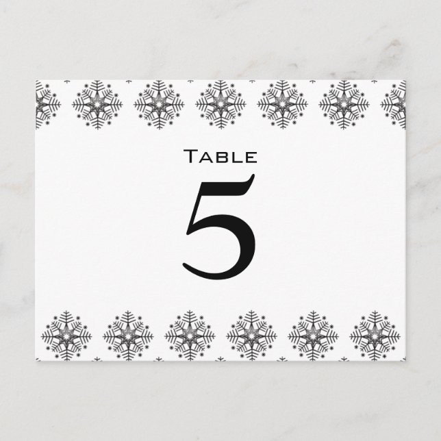Black + white snowflakes wedding table number (Front)