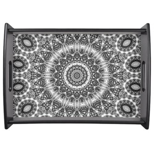 Black  White Snowy Creek Mandala Kaleidoscope Serving Tray