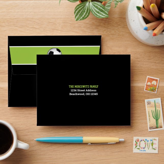 Black, White Soccer Ball Bar Mitzvah A2 RSVP Envelope (Desk)