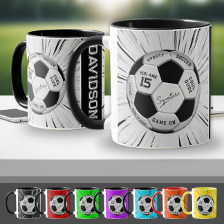 Black White Soccer Ball Custom Age Name Birthday Mug