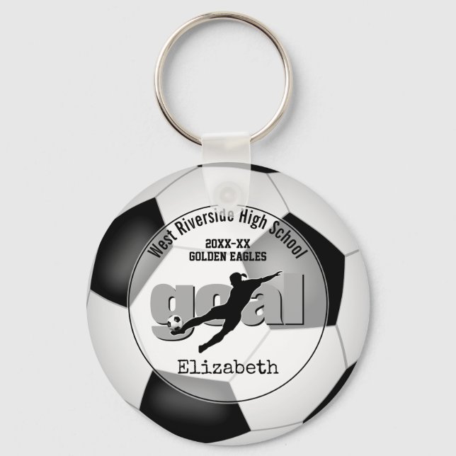 black white soccer ball goal girls' team spirit keychain (Front)