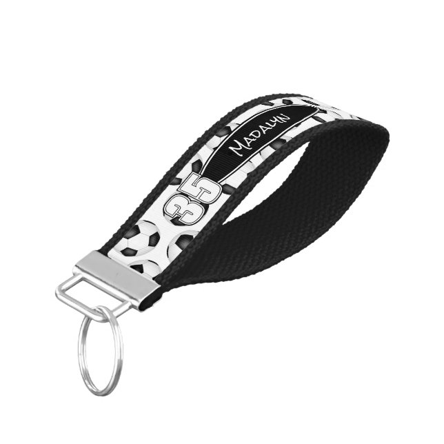 black white soccer balls athlete name wrist keychain (Angled Down)