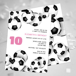 Black white soccer balls kids birthday party invitation