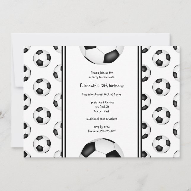 Black white soccer balls pattern birthday party invitation (Front)