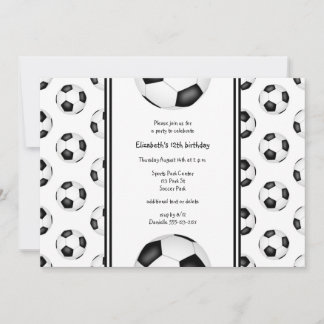 Black white soccer balls pattern birthday party invitation