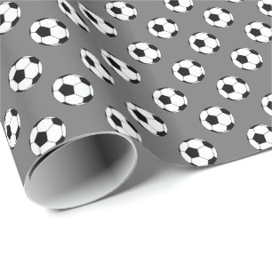 Black/White Soccer Football Balls on Gray Wrapping Paper
