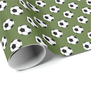 Black/White Soccer Football Balls on Olive Green Wrapping Paper