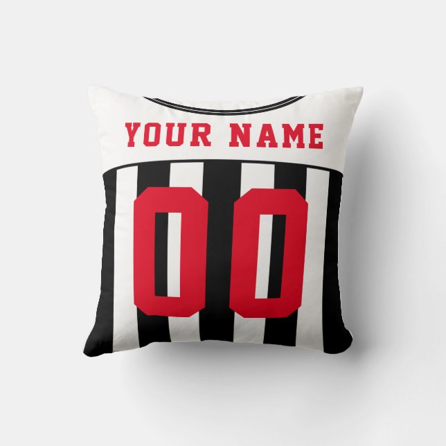Black & White Soccer Football Jersey Name Number Throw Pillow (Back)