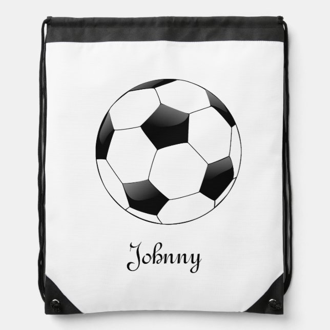 Black & White Soccer Football Personalized Drawstring Bag (Front)