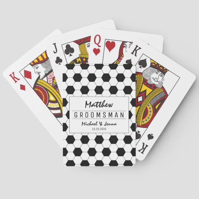 Black White Soccer Personalized Groomsman Wedding Poker Cards (Back)