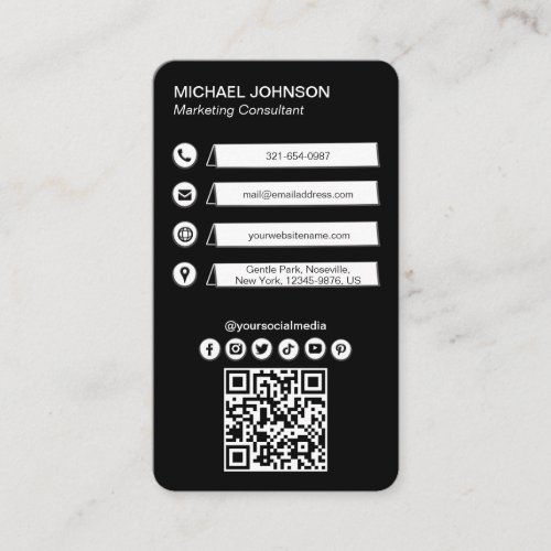Black White Social Icons QR Code Minimalist Custom Business Card