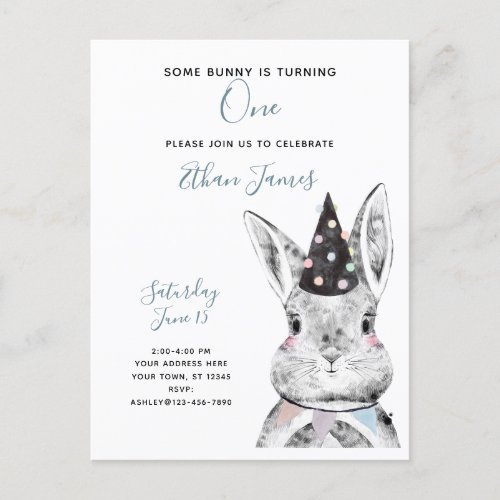 Black  White Some Bunny is Turning One Birthday Invitation Postcard