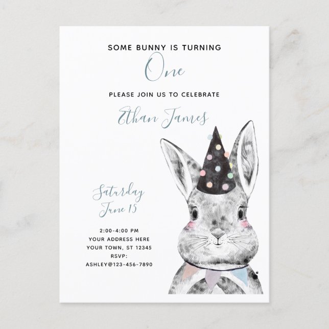 Black & White Some Bunny is Turning One Birthday Invitation Postcard (Front)