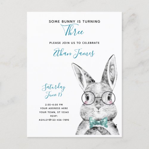 Black  White Some Bunny is Turning Three Birthday Invitation Postcard