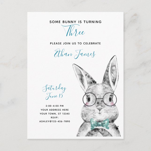 Black & White Some Bunny is Turning Three Birthday Invitation Postcard (Front)