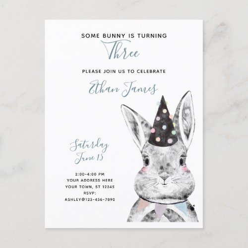Black  White Some Bunny is Turning Three Birthday Invitation Postcard