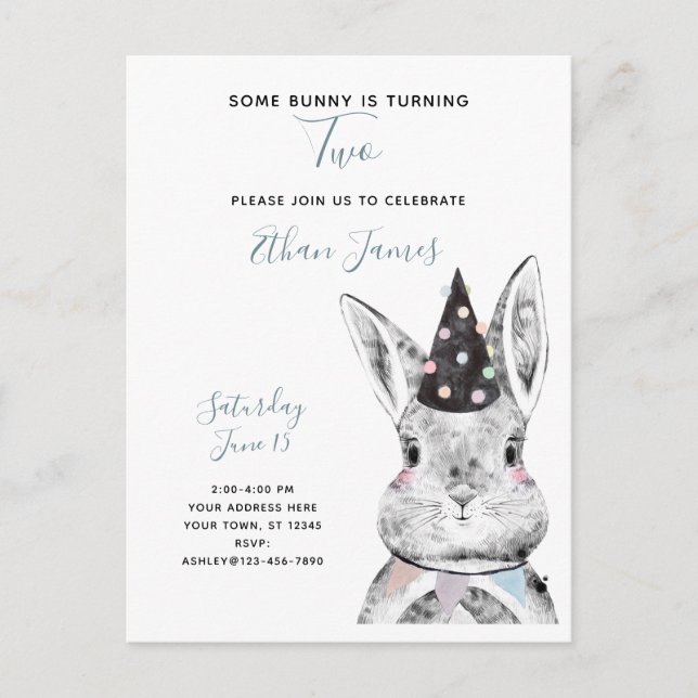 Black & White Some Bunny is Turning Two Birthday Invitation Postcard (Front)