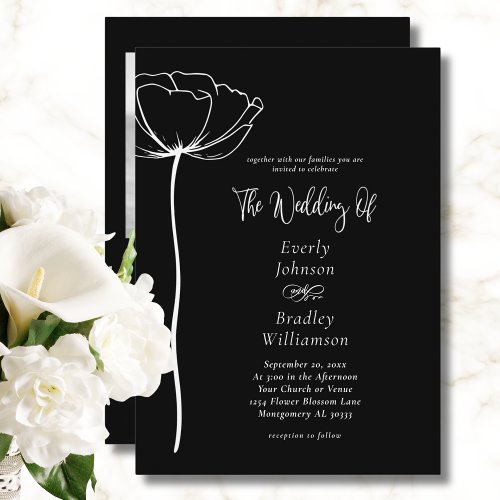Black White Sophisticated Elegant Floral Wedding  Invitation