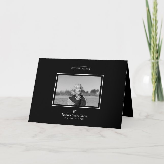 Black White Sophisticated Minimalist Photo Funeral Note Card (Front)