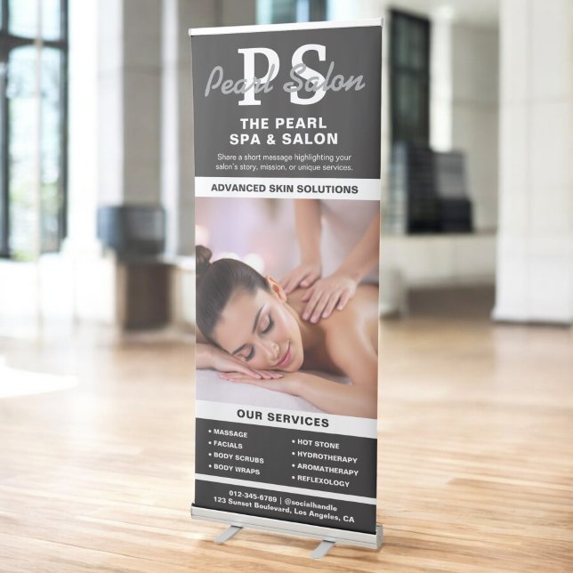 Black White Spa Salon Monogram Photo Collage  Retractable Banner (Creator Uploaded)