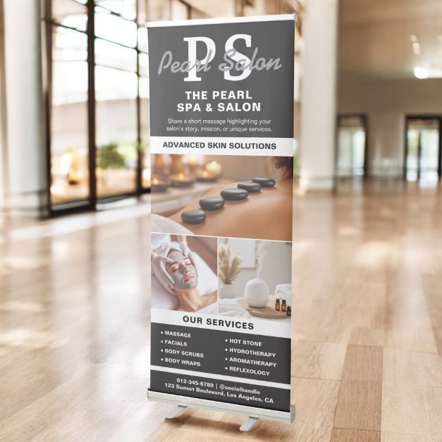 Black White Spa Salon Monogram Photo Collage  Retractable Banner (Creator Uploaded)