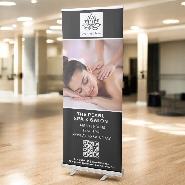 Black White Spa Salon QR Code Business Logo Photo Retractable Banner (Creator Uploaded)