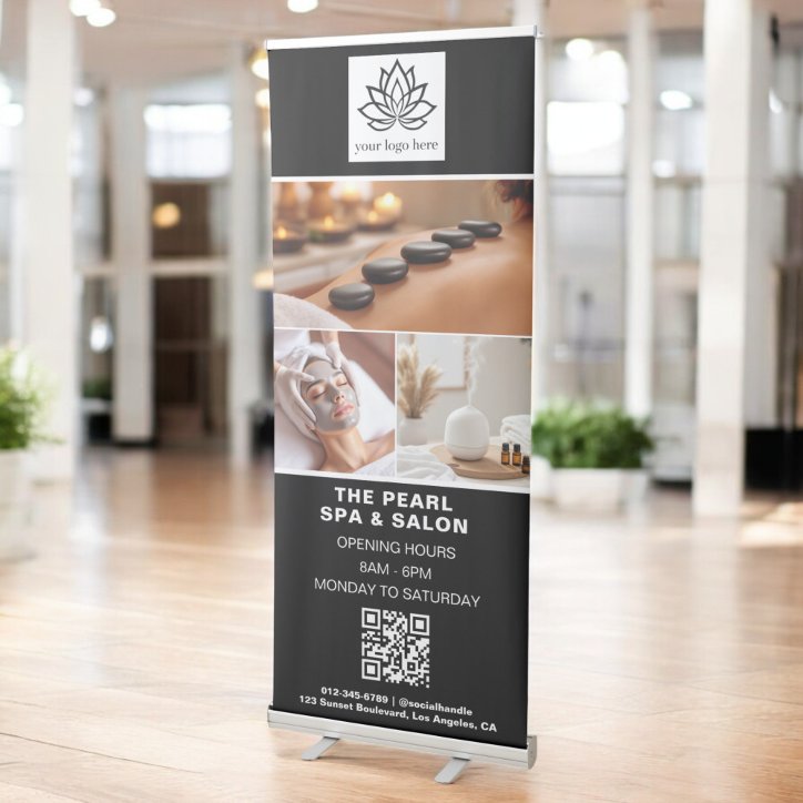 Black White Spa Salon QR Code Business Logo Photo Retractable Banner