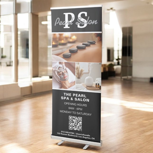Black White Spa Salon QR Code Monogram Photo Retractable Banner (Creator Uploaded)