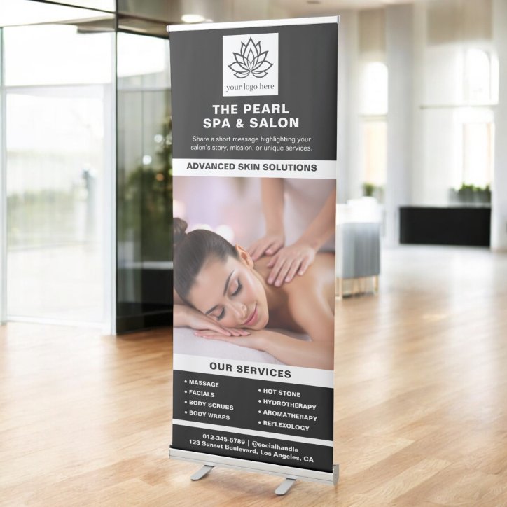 Black White Spa Salon Services Photo Collage Logo Retractable Banner