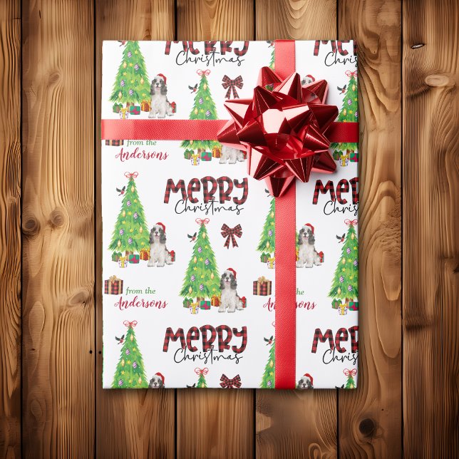 Black White Spaniel, Bird and Christmas Tree Wrapping Paper (Creator Uploaded)