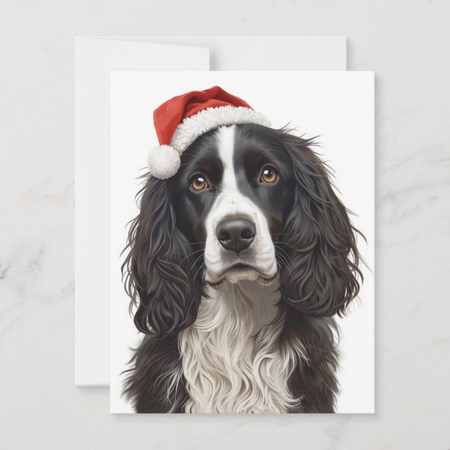Black & White Spaniel Santa Hat Xmas Art Holiday Card (Front)