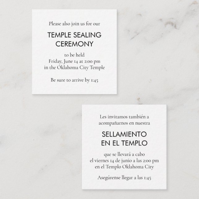 Black & White Spanish/English Temple Sealing Enclosure Card (Front/Back)