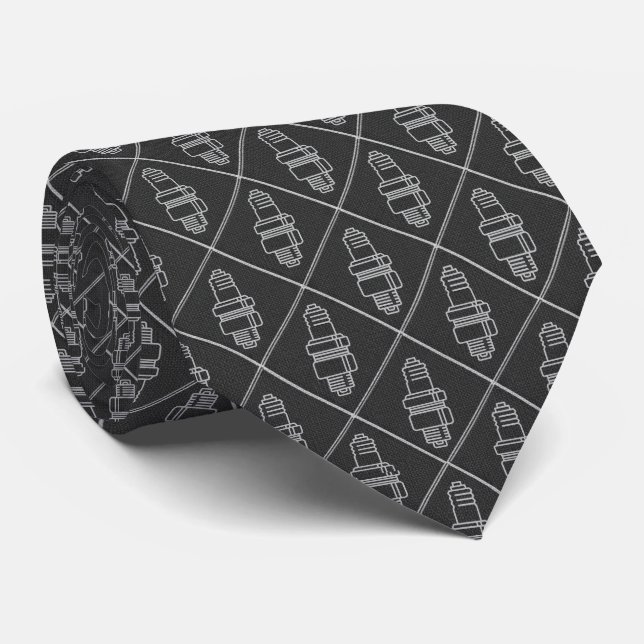 Black & White Spark Plug Grid Neck Tie (Rolled)