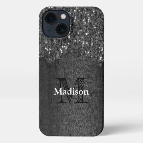 Black white sparkles rustic wood Monogram iPhone 13 Case