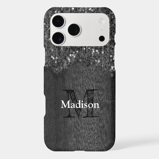Black white sparkles rustic wood Monogram iPhone Case (Back)