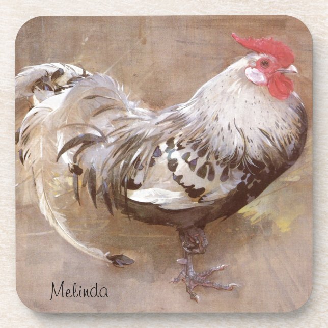Black & White Speckled Rooster Beverage Coaster (Front)
