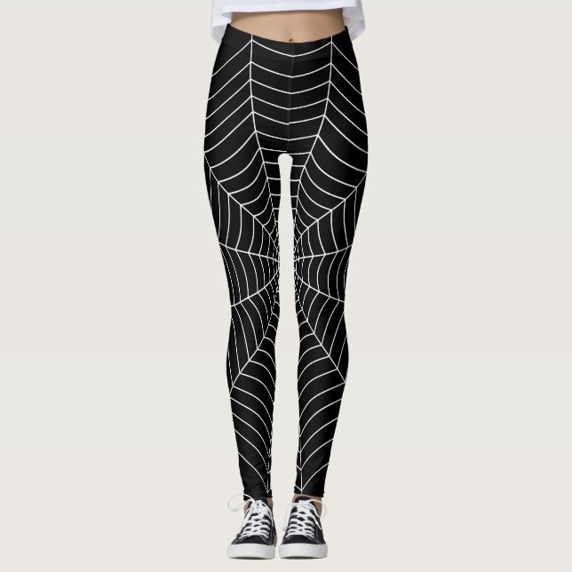 Black white spider web Halloween pattern Leggings (Front)