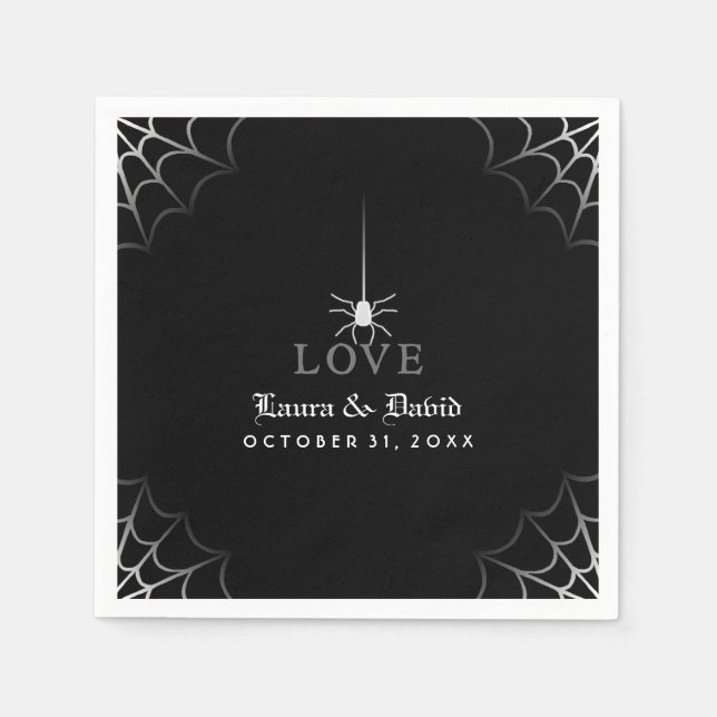 Black & White Spider Web LOVE Halloween Wedding Napkins (Front)