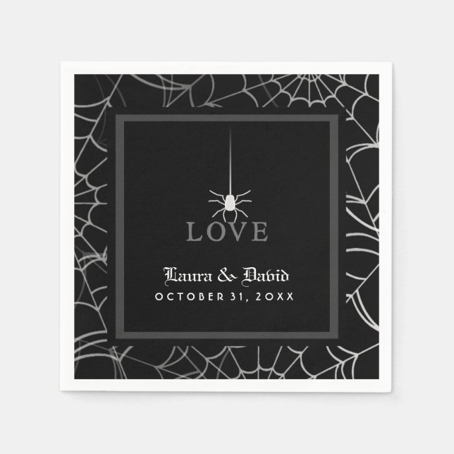 Black & White Spider Web LOVE Halloween Wedding Napkins (Front)