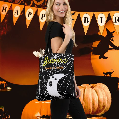 Black White Spider Webs and cute Modern Ghost  Tote Bag